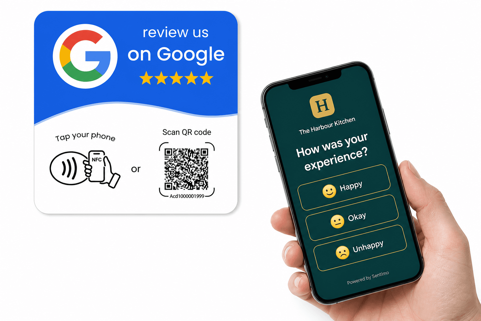 NFC and QR review sticker with phone showing the Sentimo feedback screen